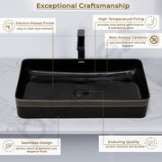 Plantex Table Top Wash Basin for Bathroom/Designer Ceramic Basin/Rectangle Countertop Vessel Sink Basin for Home/Office/Hotel (Black - 14 x 24 x 4 Inch)