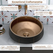 Plantex Designer Ceramic Basin/Table Top Wash Basin for Bathroom/Countertop Vessel Sink Basin for Home/Office/Restaurant (Black & Bronze - 15 x 15 x 6 Inch)