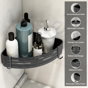 Plantex No Drill Corner Shelf for Bathroom Wall/Aluminium Self Adhesive Shelf/Bathroom Side Corner Shelf with Removable Hooks (9x9 inches, Matt Grey) - Pack of 2