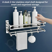 Plantex Premium Stainless Steel Bathroom Shelf/Multipurpose Rack with Towel Hooks & Hanger/Rod/Bathroom Organiser with Drill/Bathroom Stand-(2-Tier,Chrome)