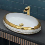 Plantex Wash Basin/Ceramic Table Top Wash Basin/Designer Countertop Basin for Bathroom/Restaurants/Hotel â€“ Oval (White & Gold - 23 x 16 x 5 Inch)