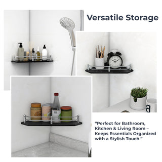 Plantex Premium Glass Corner Shelf for Bathroom/Kitchen Glass Shelf/Wall Mounted Bathroom Corner Shelf (9x9 Inches -Diamond-Black - Pack of 2)