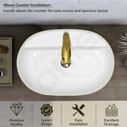 Plantex Oval Washbasin/Countertop Sink for Bathroom/Tabletop Wash Basin for Restaurant/Hotel/Hotel (24x16.5x5 Inch - White & Gold)