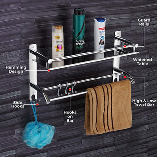 Plantex Stainless Steel Bathroom Shelf/Bathroom Stand for Wall/Bathroom Racks and Shelves with Hooks & Towel Holder/Bathroom Organiser with Drill (2-Tier, Chrome, Polished)