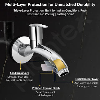 Plantex AQ-1402 Pure Brass Bib Cock Water Tap with Water Saving Aerator/Bib Tap with Brass Wall Flange & Teflon Tape-7 Year Warranty (Mirror Chrome Finish)