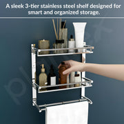 Plantex Bathroom Organizer with Drill/Stainless Steel Bathroom Rack Shelf with Towel Holder/Towel Rod and Hooks (3-Tier, Chrome)