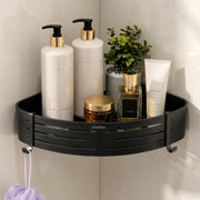 Plantex Drill Free Corner Shelf for Bathroom/Self Adhesive Bathroom Shelf Corner/Aluminum Wall Mount Side Corner Shelf Organizer/Shelf for Kitchen with Removable Hooks- 9x9 inch (Matt Black)