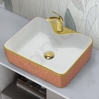 Plantex Ceramic Designer Washbasin for Bathroom/Countertop Hand Wash Basin/Rectangle Tabletop Basin for Restaurant/Hotel (19x15x5.5 Inch - White & Gold)
