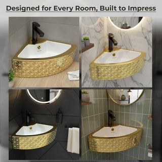Plantex Ceramic Corner Basin/Wall Mount Washbasin for Bathroom/Small Corner Vessel Sink/Tabletop Wash Basin (Golden Cornia, 18 x 13 x 5 Inch)