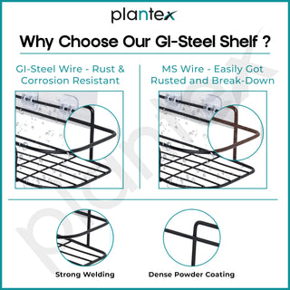 Plantex Self Adhesive Corner Shelf for Bathroom Wall/Bathroom Organiser Without Drill/Corner Shelf for Kitchen - (GI Steel, Black) - Pack of 1