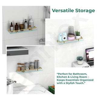 Plantex Premium Frosted Glass Shelf for Bathroom/Kitchen/Living Room with Brass Railings and Brackets - Bathroom Accessories (Brass Antique - 18x6 - Pack of 1)
