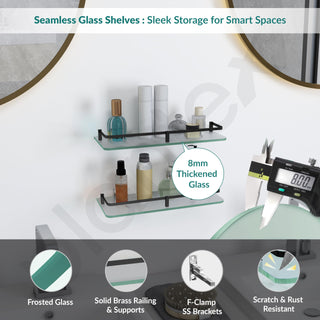 Plantex Frosted Glass Shelf for Bathroom/Shelf with Brass Railings and Brackets/Shelf for Living Room/Bedroom/Kitchen - Pack of 2 (15 x 6 inch, Black)
