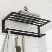 Plantex Folding Towel Rack with Towel Rod and Hooks for Bathroom/24 Inch Aluminium Towel Hanger/Stand/Bathroom Accessories - Pack of 1 (Black, 6900)