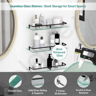 Plantex Frosted Glass Shelf for Bathroom/Shelf with Brass Railings and Brackets/Shelf for Living Room/Bedroom/Kitchen - Pack of 3 (15 x 6 inch, Black)