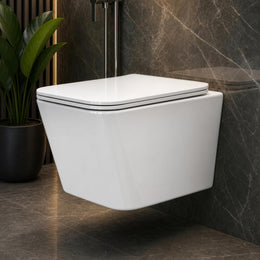 Plantex Wall Mounted Commode/Imported Italica Ceramic Rimless Square Washdown Western Toilet/P Trap Commode with Soft Close Seat Cover (Glossy White)