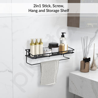 Plantex Bathroom Organizer Without Drill/GI Steel Multipurpose Bathroom Shelf/Wall Mounted Storage Rack/Towel Holder/Self Adhesive Bathroom Shelf- Wall Mount (Black)