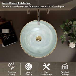 Plantex Wash Basin/Ceramic Table Top Wash Basin/Designer Countertop Basin for Bathroom/Restaurants/Hotel (Mint green & Gold - 16.5 x 16.5 x 4 Inch)