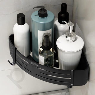 Plantex No Drill Bathroom Corner Shelves/Aluminium Self Adhesive Corner Shelf for Bathroom Wall/Bathroom Shelf Corner with Removable Hooks & Magic Stickers (9x9 inches, Matt Black) - Pack of 2