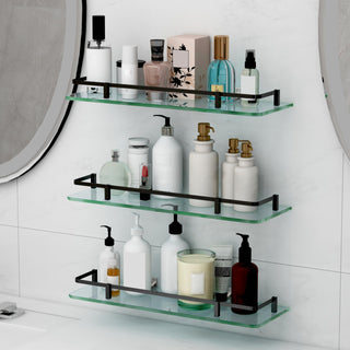 Plantex Bathroom Accessories - Wall Mounted Bathroom Shelves/Glass Shelves for Kitchen/Living Room with Black Brass Railings (18x6 Inches, Frosted) - Pack of 3