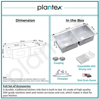 Plantex Stainless Steel 304 Grade Double Bowl Sink for Kitchen/Handmade Steel Kitchen Sink with 7 Years of Warrenty by Plantex/Sink with All Fitting & Drying Rack Included(Silver Matt-37x18 Inches)