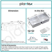 Plantex Stainless Steel 304 Grade Double Bowl Sink for Kitchen/Handmade Steel Kitchen Sink with 7 Years of Warrenty by Plantex/Sink with All Fitting & Drying Rack Included(Silver Matt-37x18 Inches)