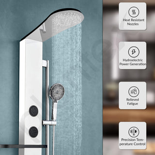 Plantex 304 Grade Stainless Steel Shower Panel for Bathroom Full Set with Overhead Shower/Hand Shower with Hose Pipe & Clamp/Round Body Jets- Full Shower Set with Utility Shelves (Chrome & Black)