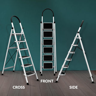 Plantex Steel Ladder for Home/Strong Foldable Wide 6 Step Ladder/Anti-Skid 6 Step Ladder - (Apex - White)