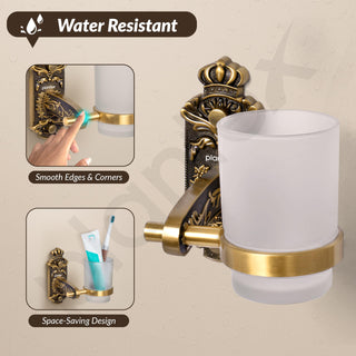 Plantex Antique Aluminium Tumbler Holder/Matt Glass Tooth Brush Stand/Bathroom Accessories (Brass-Antique Finish)