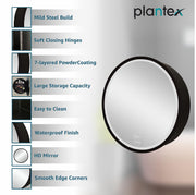 Plantex Aluminium Framed Round LED Bathroom Shelf for Wall with Mirror/Heavy-Duty Steel Body Bathroom Cabinet with Defogger and Bluetooth- 24x24 Inch, Black