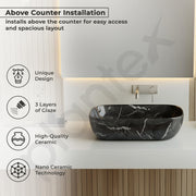 Plantex Ceramic Wash Basin for Bathroom/Hand Wash Sink/Black Countertop Basin/Tabletop Washbasin For Living Room (18x12.5x5.5 Inch -Matt Black - Marble Finish)