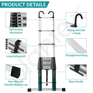 Plantex 6.2m (20.5 ft.) Aluminium Telescopic Ladder/16-Steps Portable Ladder with Removable Hooks/Foldable Multipurpose Collapsible Ladder for Home & Outdoor Use/2 Years of Warranty By Plantex-(Green)