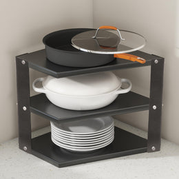 Plantex GI-Steel 3-Tier Pan Stand for Kitchen/Multipurpose Corner Floor Mount Shelf for Kitchen - Pack of 1 (Black)