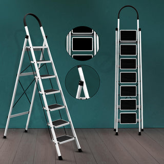Plantex Steel Ladder for Home/Strong Foldable Wide 7 Step Ladder/Anti-Skid 7 Step Ladder - (Apex - White)