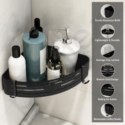 Plantex No Drill Bathroom Corner Shelves/Aluminium Self Adhesive Corner Shelf for Bathroom Wall/Bathroom Shelf Corner with Removable Hooks & Magic Stickers (9x9 inches, Matt Black) - Pack of 2