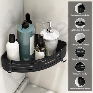 Plantex No Drill Bathroom Corner Shelves/Aluminium Self Adhesive Corner Shelf for Bathroom Wall/Bathroom Shelf Corner with Removable Hooks & Magic Stickers (9x9 inches, Matt Black) - Pack of 2