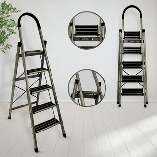 Plantex Guardex 5 Step Foldable Aluminum Ladder for Home/Ladder with Anti-Slip Shoes and Edge Guards/5 Year Manufacturer Warranty (Anodize Coated-Gold)