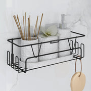 Plantex GI Steel Adhesive Shelf for Bathroom Wall/Self Adhesive Shelf for Kitchen with Side Hooks to Hang Loofah for Bathing/Bathroom Organiser - Black, Powder Coated