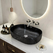 Plantex Ceramic Black Washbasin/Oval Tabletop Hand Wash Basin for Bathroom/Designer Washbasin Sink for Home/Office (22x13.5x6 Inch - Marble Finish)