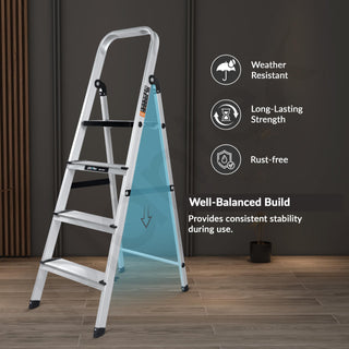 Plantex Big Foot 4 Step Ladder for Home/Fully Aluminium Folding Ladder/Wide Anti-Skid Steps (Black-Silver)