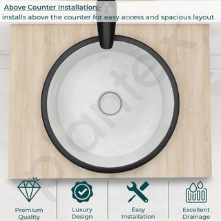 Plantex Round Ceramic Table Top Wash Basin/Designer Counertop Washbasin/Vessel Sink for Bathroom/Home/Restaurant (White & Black-17 x 17 x 6 Inch)