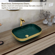 Plantex Wash Basin/Ceramic Table Top Wash Basin/Countertop Basin for Bathroom/Restaurants/Hotel – Rectangular Green & Gold - 20 x 14 x 6 Inch)
