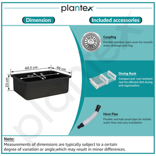 Plantex Matt German Engineered Technology Quartz Sink For Kitchen/UV Protected Kitchen Sink/Single Bowle Sink For Home(Charcoal Black-18X24 Inch)