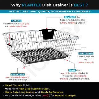 Plantex Stainless Steel Dish Drainer Basket for Kitchen Utensils/Dish Drying Rack with Drainer/Bartan Basket/Plate Stand(Size- 58.5x44.5x23.5 CM - Chrome Finish)