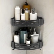 Plantex No Drill Corner Shelf for Bathroom Wall/Aluminium Self Adhesive Shelf/Bathroom Side Corner Shelf with Removable Hooks (9x9 inches, Matt Grey) - Pack of 2