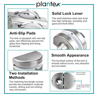 Plantex Stainless Steel Glass Door Lock - No Drilling/Lock for Main Door/Door Thickness 10 mm to 12 mm/3 Ultra Keys Out Side & Knob/Cabin Balcony Door for Office & Home - Pack of 1 (Matt)
