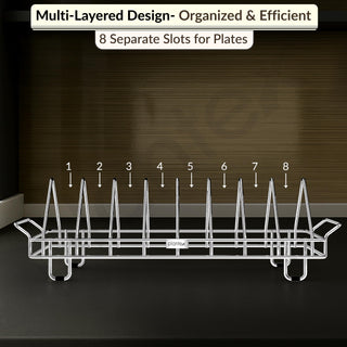 Plantex Stainless Steel Plate Stand for Kitchen Cabinet/Dish Organizer for Kitchen/8 Slot Plate Rack Holder-(Size-4 inches, Slot- 8, Pack of 1)