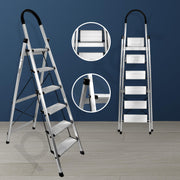 Plantex Surestep 6 Step Aluminum Ladder for Home/Non-Slip Wide Step Foldable Ladder for Home Use with Knee Guard, PVC Shoes and Cross Bars (Anodize-Silver)
