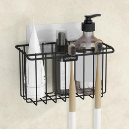 Plantex Self-Adhesive Toothbrush Holder/Bathroom Organiser Without Drill/Storage Rack/Shelf for Bathroom Wall- (Black, Alloy Steel, Hanging Shelves)
