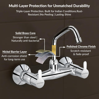 Plantex Pure Brass Kitchen Sink Tap with 360° Swivel Spout/Dual Handle Hot and Cold Water Tap for Kitchen/Sink Mixer with Brass Wall Flange and Teflon Tape (FLO-814-Chrome)