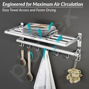 Plantex Folding Towel Rack with Hooks for Bathroom/24 Inch Stainless Steel Towel Hanger/Towel Stand/Towel Rod/Bathroom Accessories - Pack of 1 (Chrome)